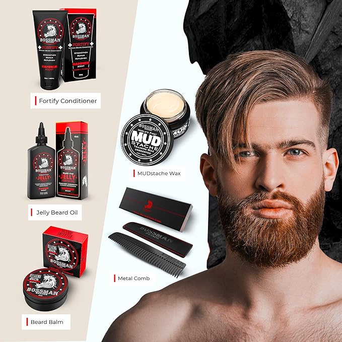 Bossman Complete Beard Kit – Men's Beard Oil Jelly, Fortifying Shower Conditioner, Balm, Mustache Wax & Comb – Beard Softener & Grooming Care (Hammer Scent)