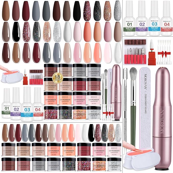 Morovan Dip Powder Nail Kit: Starter Kit 54pcs Nails Dipping Powder Set 18 Colors with Electric Nail Drill