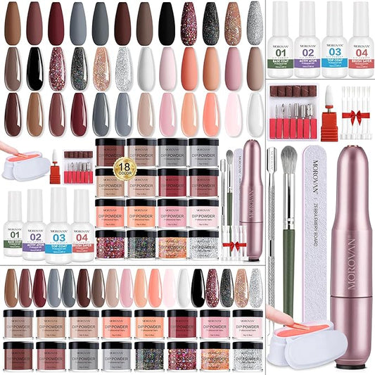 Morovan Dip Powder Nail Kit: Starter Kit 54pcs Nails Dipping Powder Set 18 Colors with Electric Nail Drill