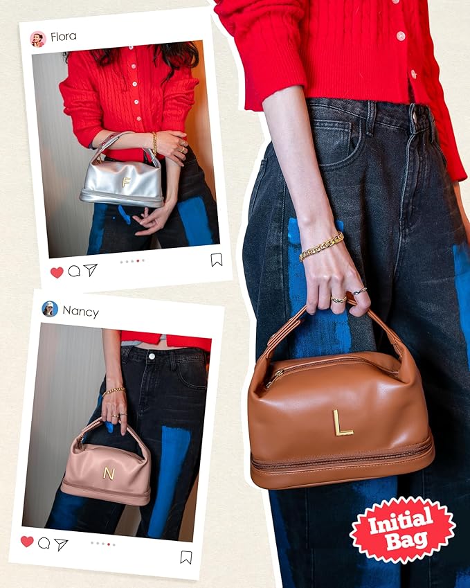 Birthday Gifts for 11 12 13 14 15 16 17 18 Year Old Girls Gifts, Travel Makeup Bag with Handle, Initial Double Layer Cosmetic Bag with Makeup Brush Organizer, Cute Cosmetic Pouch for Women