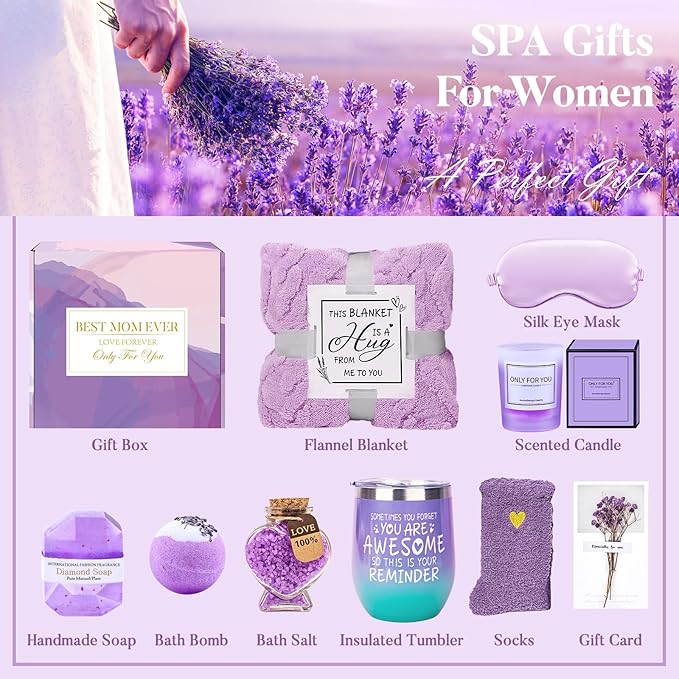 Mothers Day Gifts for Mom from Daughter Son, Relaxing Lavender Spa Basket Set for Women Luxury Self-Care Basket for Mama, Birthday Mothers Day Gifts for Women, Mom, Wife, Sister, Friend, Her