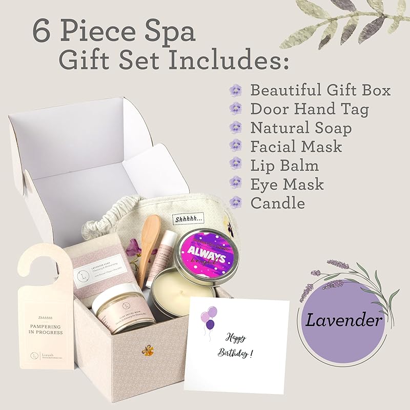 Lizush Luxury 6-Piece Lavender Spa Kit for Women - Relaxation Spa Gift Basket, Self-Care Care Package for Wife - Happy Birthday - Handmade in the USA