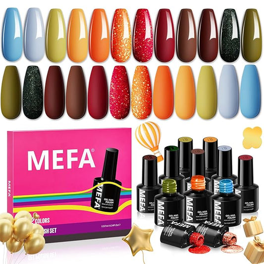 MEFA Gel Nail Polish Set, 12 Colors Orange Burgundy Red Gel Polish Set Flash Dark Red Glitter Nail Polish Shimmer Nude Brown Blue Yellow Nail Gifts for Women Girl DIY Salon Home Spring Summer