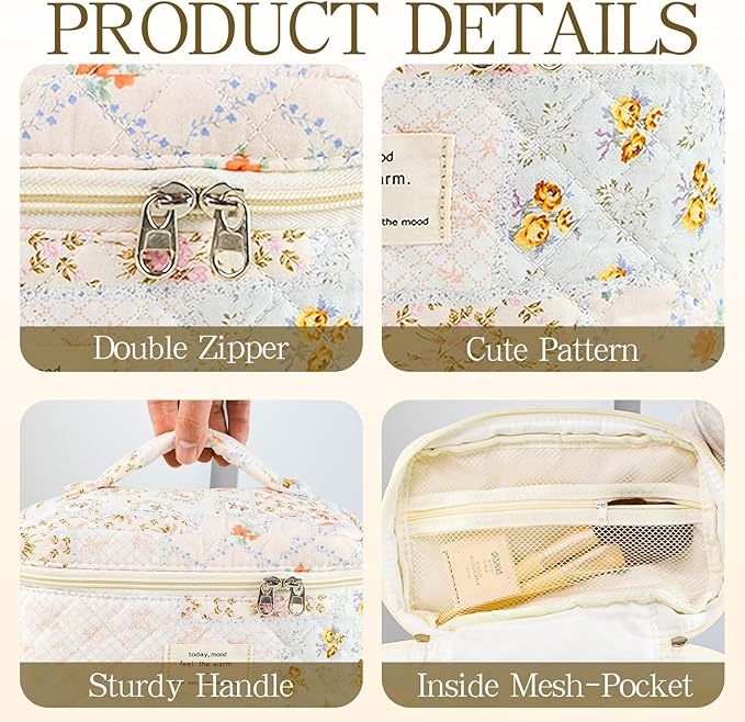 Makeup Bag, 3 PCS Quilted Makeup Bag, Cute Floral Cotton Cosmetic Bag set, Coquette Makeup Pouch Large Travel Toiletry Bag