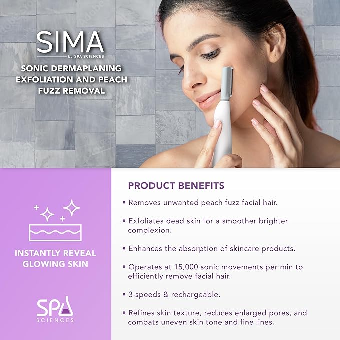 SPA SCIENCES - SIMA Patented Dermaplane Razor for Women Face – Painless 2-in-1 Facial Exfoliation & Peach Fuzz Hair Removal – Anti-Aging – 3 Speeds – Rechargeable – 7 Weeks Treatment