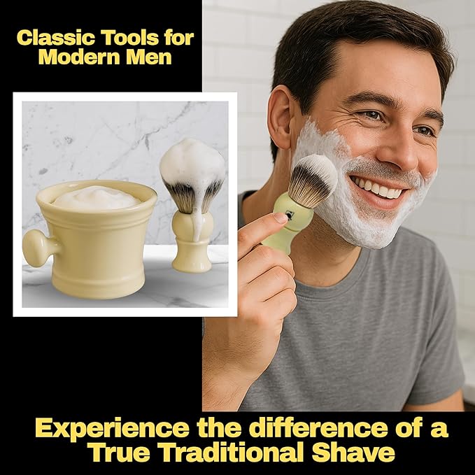 G.B.S Heavy Duty Ceramic Shaving Set – Ivory Mug with Knob Handle, Faux Ivory Handle Brush, 3 oz Natural Long-Lasting Lather Soap – Classic Wet Shaving Kit for Men