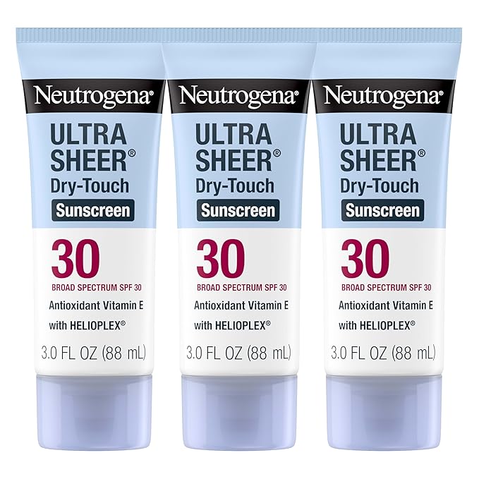 Neutrogena Ultra Sheer Dry-Touch Sunscreen For Face & Body, SPF 30 Broad Spectrum UVA/UVB Protection, Lightweight Water Resistant & Non-Greasy, Travel Size Sunscreen, 3 fl. oz, Pack of 3