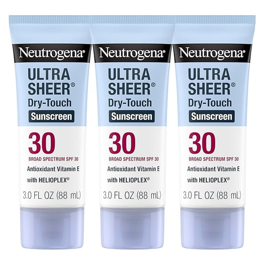 Neutrogena Ultra Sheer Dry-Touch Sunscreen For Face & Body, SPF 30 Broad Spectrum UVA/UVB Protection, Lightweight Water Resistant & Non-Greasy, Travel Size Sunscreen, 3 fl. oz, Pack of 3