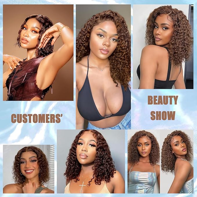 5×5 Closure Bob Wig Human Hair Glueless Wigs Human Hair Pre Plucked Pre Cut Short Curly Wig Water Wave Middle Part 4# Chocolate Brown for Women Wigs for Black Women 10Inch