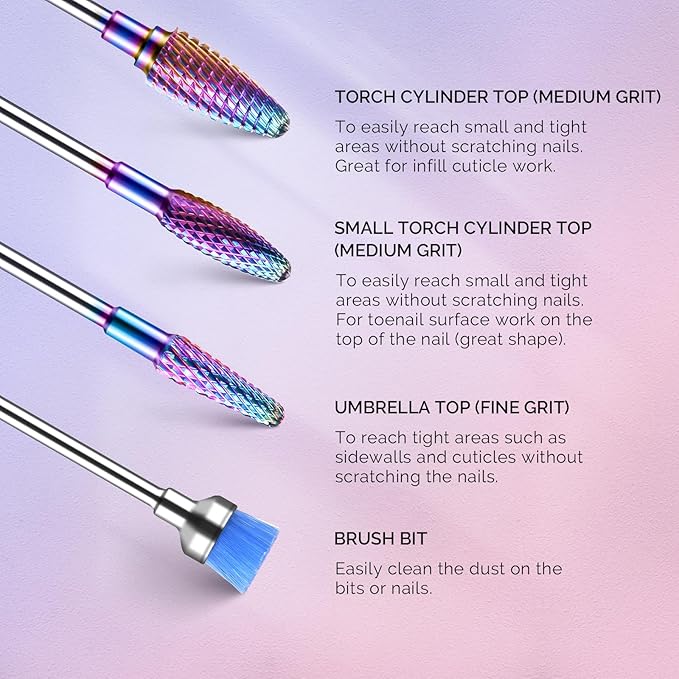 MelodySusie Nail Drill Bits Set, 7pcs Tungsten Carbide Diamond Nail Drill Bits for Acrylic Nails Poly Gel Cuticle Remove, 3/32'' Professional Nail Bits for Nail Drill Efile (A-Colorful)