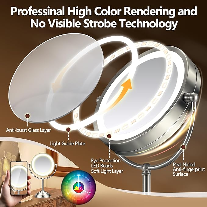 20x Large Lighted Makeup Mirror, Rechargeable 8.6" Magnifying Makeup Mirror, 30-Minute Timer,3 Color Modes, Adjustable Brightness, No Assembly Required, 360° Rotation Cosmetic Mirror, Pearl Nickel
