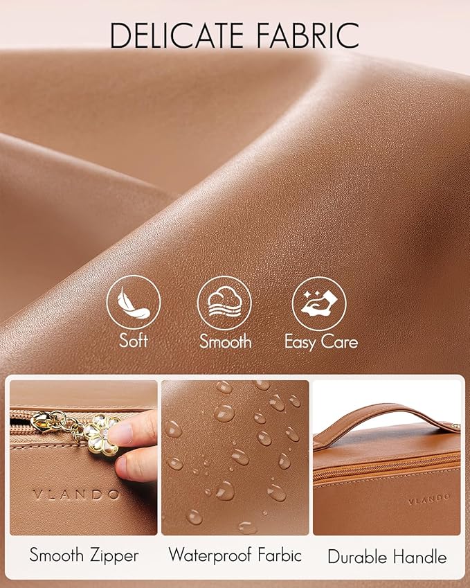 Vlando Travel Makeup Bag,Teacher Appreciation Gifts,Brown Leather Make up Bagr for Women,Makeup Brushes Bag with Divider and Handle,Gifts for Mom Women Traveler