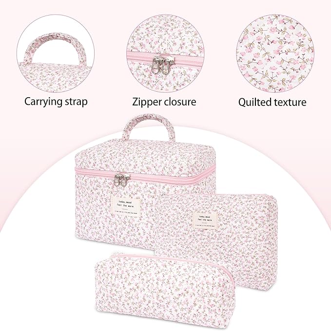 3PCS Quilted Makeup Bag Set, Cosmetic Pouch for Women, Travel Toiletry Bags with Zipper Closure, Coquette Floral Make up Organizers