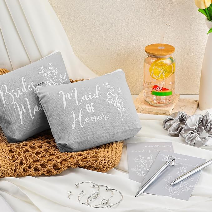 Irenare 36 Pcs Bridesmaid Proposal Gifts Bridal Shower Gifts 16 oz Glass Cup Cosmetic Makeup Bags Invited Cards Scrunchies Hair Knotted Bracelets Diamond Pens Favors for Wedding (Gray)