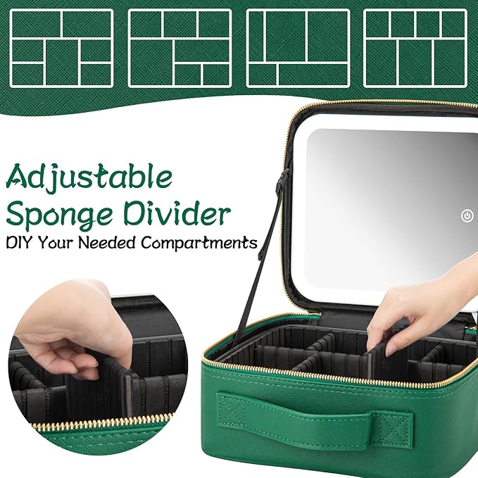 Makeup Travel Train Case with Mirror LED Light 3 Adjustable Brightness Cosmetic Bag Portable Storage Adjustable Partition Waterproof Makeup Brushes Makeup Jewelry Gift for Women