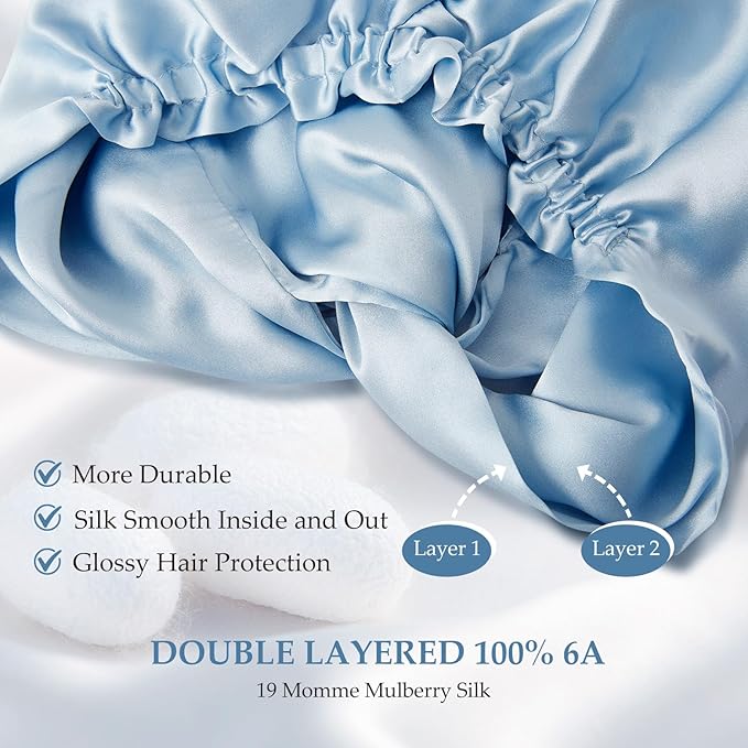 Silk Bonnet for Sleeping Women, 100% Mulberry Silk Sleep Cap with Elastic Band, Real Mulberry on Both Sides, Light Blue