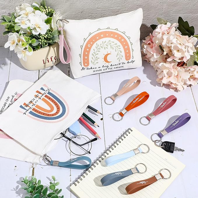 Fumete 40 Pcs Teacher Appreciation Gift Inspirational Rainbow Makeup Bag Rainbow Silicone Keychains Bulk Quotes Zipper Canvas Cosmetic Bag End of the Year Gifts for Teacher Graduation