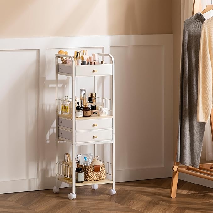 HBlife Floor Makeup Organizer Storage Cart, Make Up Organizers with Drawers, Vanity Cosmetics Display Cases Holder for Skincare Nail Polish Perfume, Bathroom Organizer Shelf with Wheels