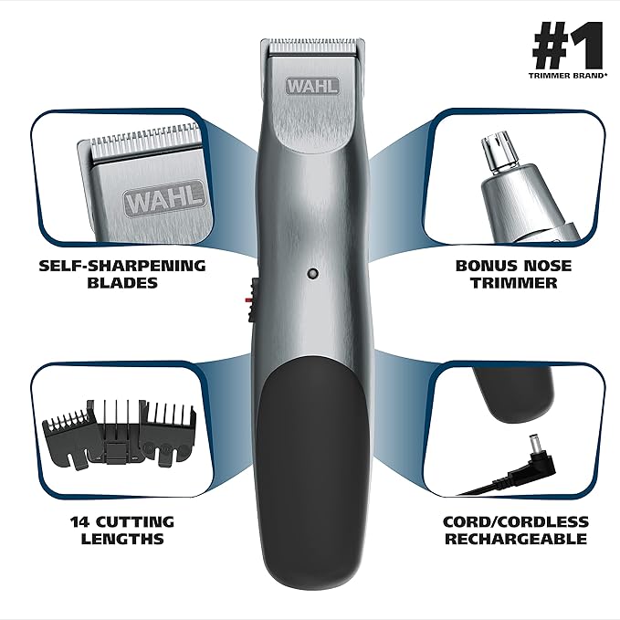 Wahl Groomsman Cord/Cordless Hair Trimmer kit for Men for Mustaches, Hair, Nose Hair, and Light Detailing and Grooming with Bonus Wet/Dry Electric Battery Nose Trimmer – Model 5623V