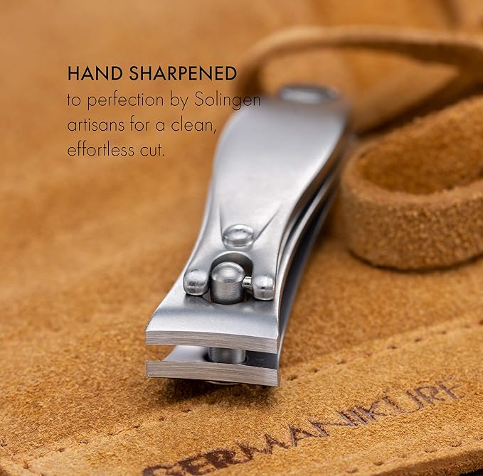 GERMANIKURE Nail Clipper and Glass Nail File Set in Yellow Leather Case - Made in Solingen Germany of FINOX Stainless Steel, Glass Nail Care Supplies Made in Czech Republic