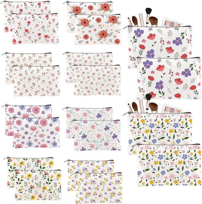 20PCS Flower Canvas Makeup Bags Bulk Floral Cosmetic Bags for Women and Girls Spring Multicolor Travel Pouch Wildflower Canvas Toiletry Bag Bulk Makeup Organizer Bags Group Gifts for Women