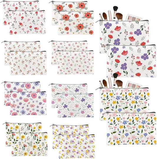 20PCS Flower Canvas Makeup Bags Bulk Floral Cosmetic Bags for Women and Girls Spring Multicolor Travel Pouch Wildflower Canvas Toiletry Bag Bulk Makeup Organizer Bags Group Gifts for Women