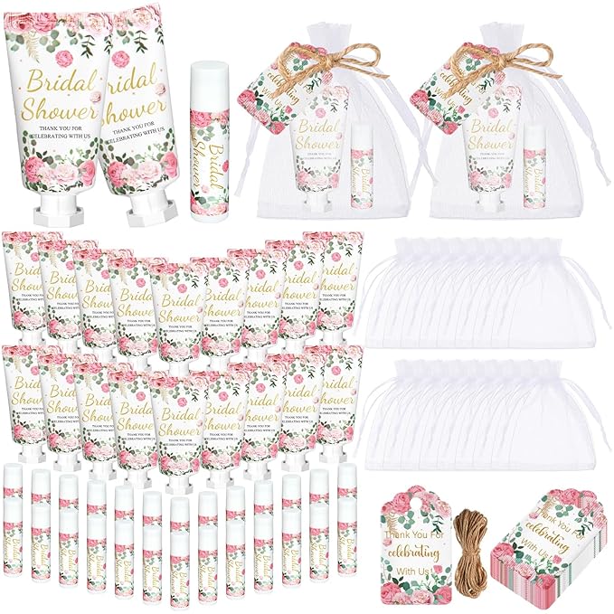 48 Sets Hand Cream and Lip Balm Baby Shower Gifts Set Party Favor Bridal Wedding Gifts for Guests with Thank You Cards Organza Bags Tags for Guests Women
