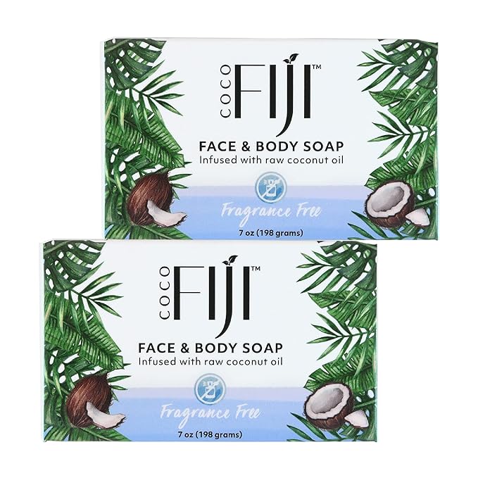 Coco Fiji Soap Bar for Face and Body Infused With Organic Coconut Oil, Fragrance Free, Essential Oil, Natural Soap for Moisturizing & Pore Purifying Skin, 7 oz,Pack of 2