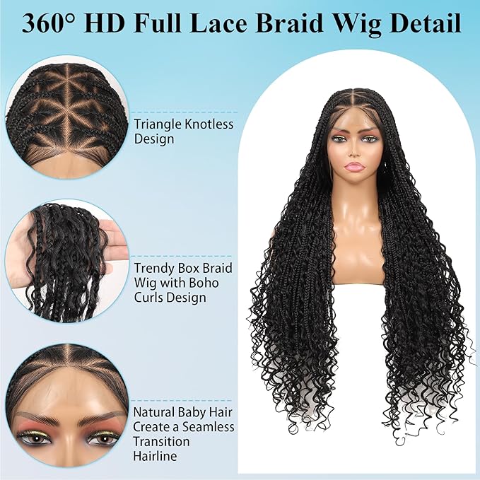 360° Hd Full Lace Boho Braided Wigs for Women Knotless Box Braid Wig with Baby Hair Natural Black Human Hair Blended Braided Lace Front Wigs 36"