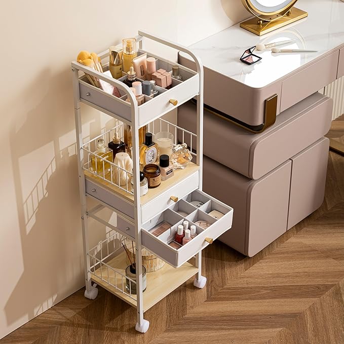 HBlife Floor Makeup Organizer Storage Cart, Make Up Organizers with Drawers, Vanity Cosmetics Display Cases Holder for Skincare Nail Polish Perfume, Bathroom Organizer Shelf with Wheels