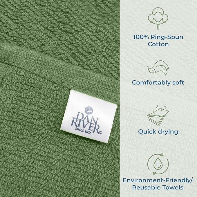 DAN RIVER 100% Cotton Washcloths 24 Pack Premium Quality Face and Body Cloth, Quick Dry Essential Towels for Bathroom, Hand, Kitchen & Cleaning, Baby Washcloths | 12X12 in | 400 GSM | Sage Green