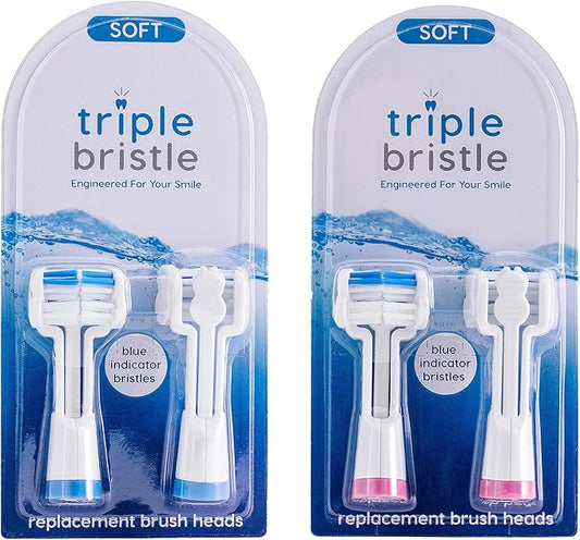 Triple Bristle Replacement Brush Head Refills | Innovative 3 Sided Head Design | Compatible with Triple Bristle Brand Sonic Toothbrush | Color Changing Indicator Bristles | 4 Pack (2 Pink + 2 Blue)