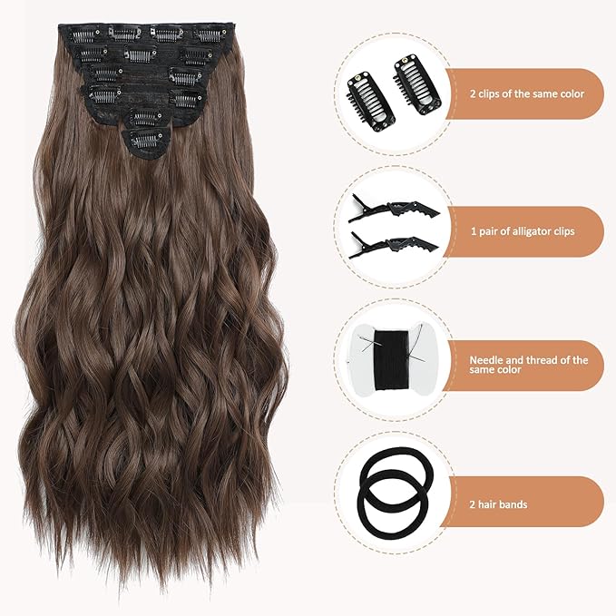 Clip in Hair Extensions for Women - 20 Inch Long Wavy Brown Extensions, 6PCS Chocolate Brown Hairpieces that Blend Naturally with Your Real Hair (20 Inch, Chocolate Brown)