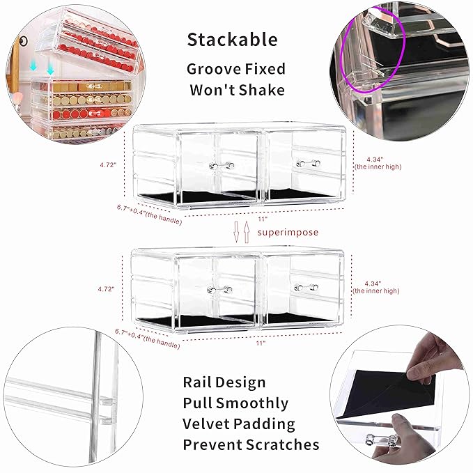 Pack of 2 Acrylic Countertop Stackable Drawers Bathroom Cabinet Organizer Clear Organizing Bins For Cosmetics Organizer Jewelry Hair Accessories Nail Polish Make Up Marker Pen