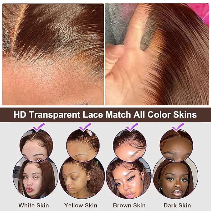 28 Inch Chocolate Brown Lace Front Wig Human Hair 200% Density 13x6 Hd Transparent Straight Lace Front Brown Wigs Human Hair Pre Plucked Frontal Lace Wig 4# Glueless Wigs for Women