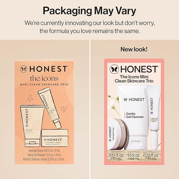 Honest Beauty The Icons Skincare Trio Travel Kit | Mini Hydrogel Cream, Gentle Gel Cleanser, Vitamin C Radiance Serum | Gentle for Sensitive Skin + Vegan