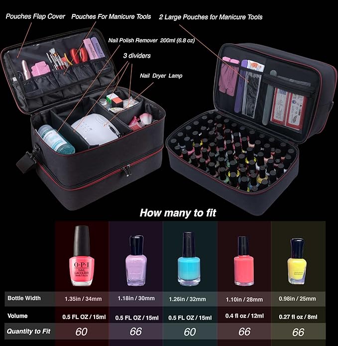 ButterFox Extra Large Nail Polish Organizer Case, Holds 60-66 Bottles and Nail Dryer Lamp, Large Nail Supplies and Accessories Storage Holder Bag (Black/Red)
