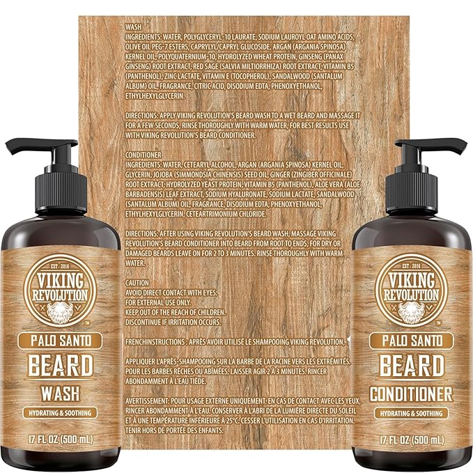 Viking Revolution Palo Santo Beard Wash and Beard Conditioner Set with Argan and Jojoba Oils - Softens and Strengthens - Natural Palo Santo Scent - Beard Shampoo with Ginseng Root Extract (17 oz)