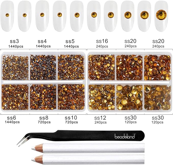 Beadsland 8300PCS Flatback Rhinestones, Topaz Rhinestone Nail Gems Round Crystal Rhinestones for Crafts, Mixed 10 Sizes with Wax Pencil and Tweezer Kit, SS3-SS30, Topaz