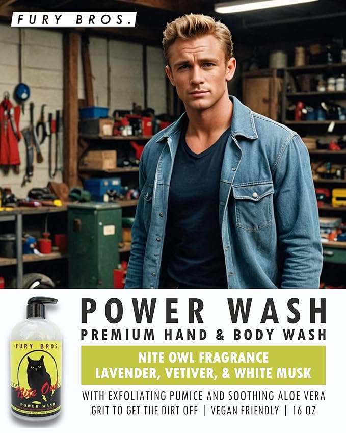 Premium Power Wash | Nite Owl | Lavender Vetiver White Musk | Hand & Body Wash | Exfoliating Pumice | Moisturizing Aloe Vera | Highly Scented | Made in USA | 16 oz | Dad Men Bath