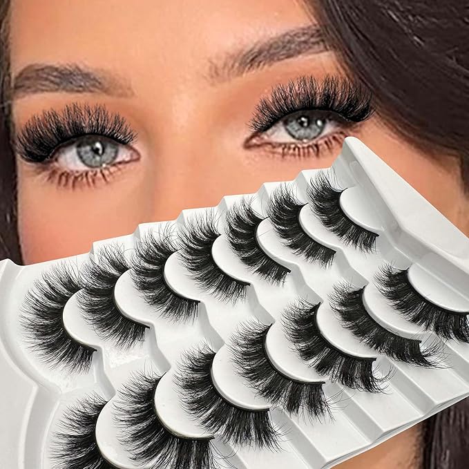 NINGLASH Lashes Strips Cat Eye Fluffy False Eyelashes 18mm Lash Pack Full Wispy Lashes 9D Volume Curly Fake Eyelash 7 Pairs Thick Faux Mink Lashes Multipack