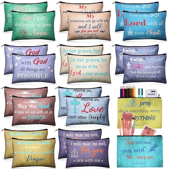 24 Pcs Christian Makeup Bag Bible Cosmetic Bags Inspirational Bible Verse Toiletry Pouches Canvas Motivational Pouches with Zipper for Women Organize Cosmetics Toiletries Stationery(Retro)