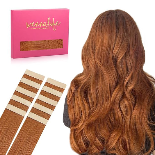 WENNALIFE Tape in Hair Extensions Human Hair Dirty Ginger Tape in Extensions, 10pcs 25g 14 inch Remy Invisible Tape Ins Straight Colored Soft Real Human Hair Tape in Extensions Refill Set Extensions