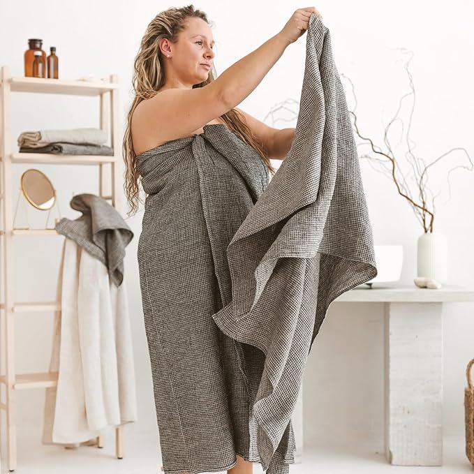 100% Linen Bath Sheet Towel - 36x72-inches - Waffle Weave Black-Natural Oversized Bath Towels - Lightweight Absorbent Thin Beach Towel Quick Dry XL Travel Towel Extra Large