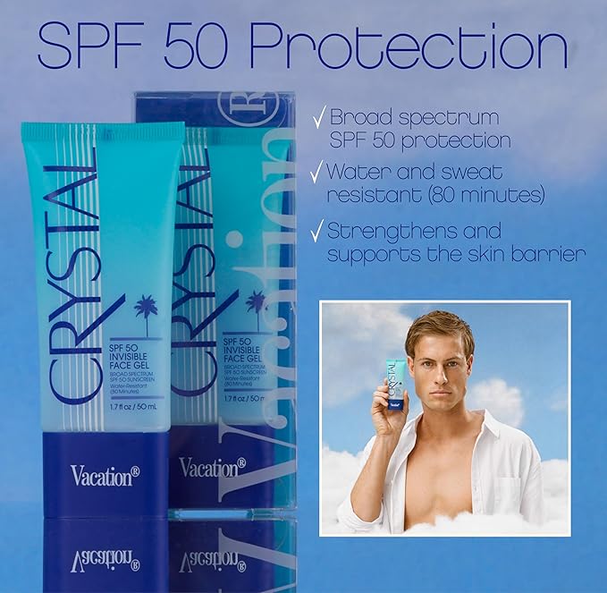 Vacation Crystal SPF 50 Face Gel, Clear Sunscreen, Hydrating & Nourishing, Water-Resistant, Fragrance-Free, Travel Size, 1.7 Fl. Oz.