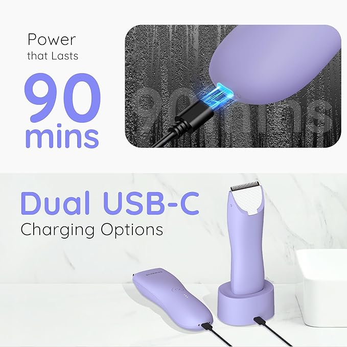 Bikini Trimmer for Women, Legs & Pubic Hair Trimmer | Waterproof, Type-C Rechargeable, LED Light, Replaceable Blade, Electric Razors for Women, Womens Body Shaver (Lilac Purple)
