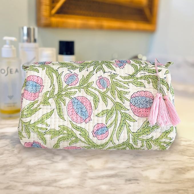 Block Print Designer Toiletry Bag & Makeup Case - Boho Floral Quilted Pouch for Cosmetics