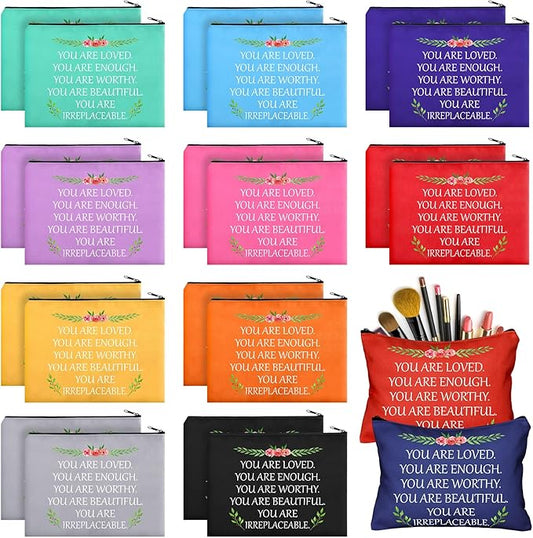 Cunno 24 Pcs Inspirational Makeup Bag Bulk Gift for Women You Are Loved Motivational Canvas Bag with Zipper Appreciation Makeup Cosmetic Bags Christmas Retirement Gift Multicolor(Fresh Color)