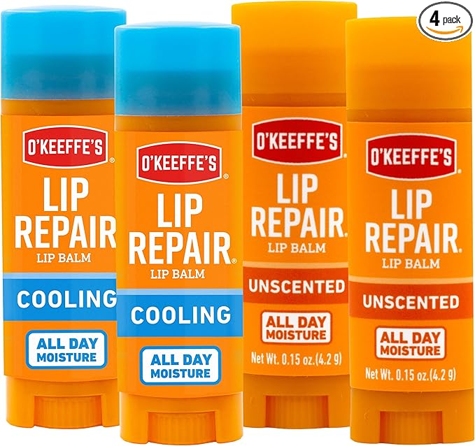 O'Keeffe's Lip Repair Lip Balm for Dry, Cracked Lips, Stick, (Pack of 4: 2 Cooling + 2 Unscented)