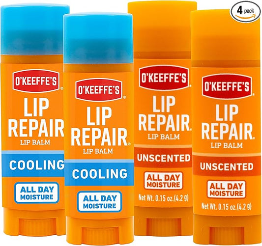 O'Keeffe's Lip Repair Lip Balm for Dry, Cracked Lips, Stick, (Pack of 4: 2 Cooling + 2 Unscented)